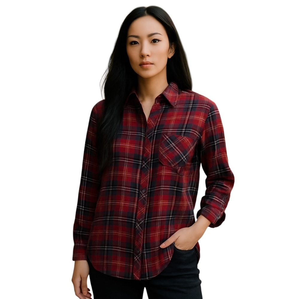 BeachLunchLounge Button Up Shirt Womens XS Red Plaid Flannel Long Sleeve Casual